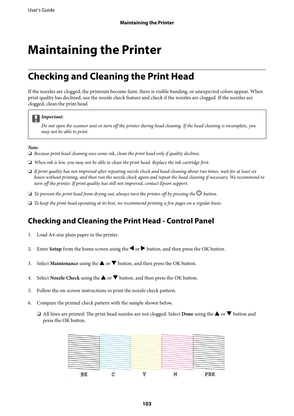 Maintaining the printer, Checking and cleaning the print head | Epson Expression Premium XP-635 Refurbished User Manual | Page 103 / 160