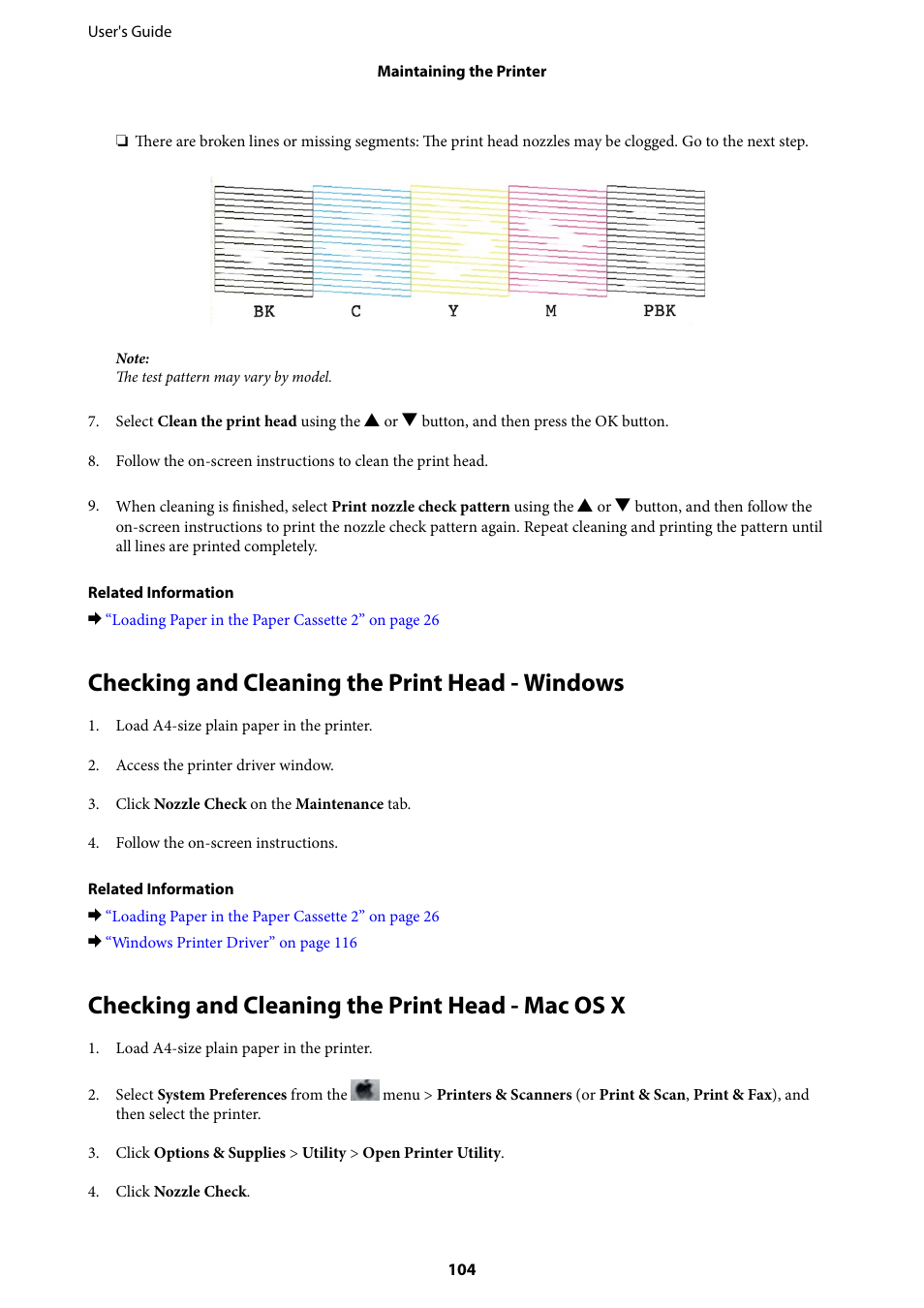 Checking and cleaning the print head - windows, Checking and cleaning the print head - mac os x | Epson Expression Premium XP-635 Refurbished User Manual | Page 104 / 160