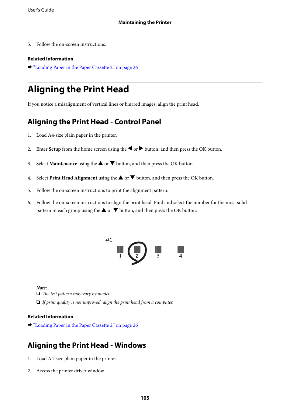 Aligning the print head, Aligning the print head - control panel, Aligning the print head - windows | Epson Expression Premium XP-635 Refurbished User Manual | Page 105 / 160