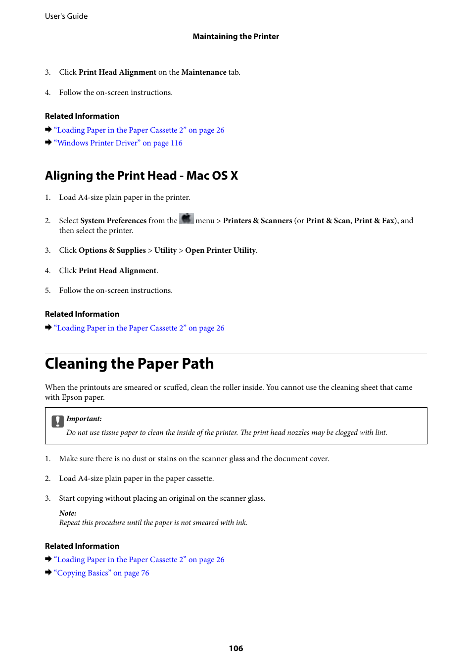 Aligning the print head - mac os x, Cleaning the paper path | Epson Expression Premium XP-635 Refurbished User Manual | Page 106 / 160