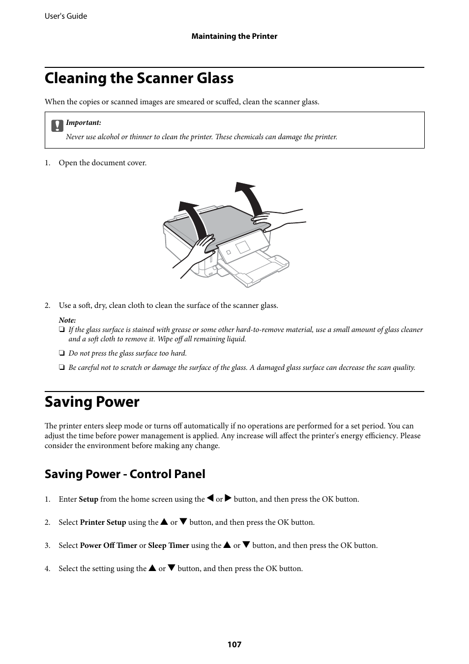 Cleaning the scanner glass, Saving power, Saving power - control panel | Epson Expression Premium XP-635 Refurbished User Manual | Page 107 / 160