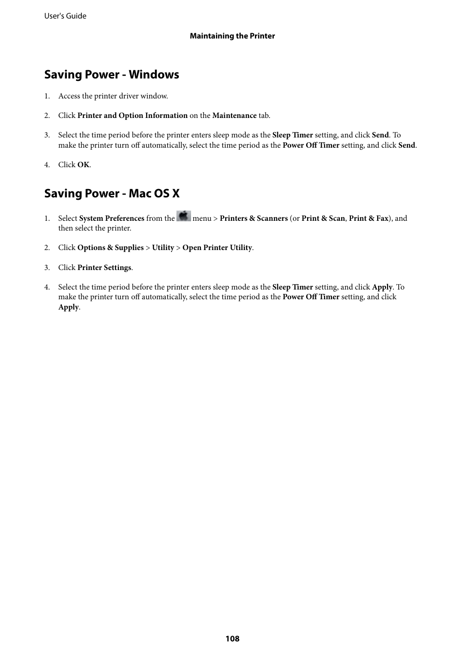 Saving power - windows, Saving power - mac os x, Saving power - windows saving power - mac os x | Epson Expression Premium XP-635 Refurbished User Manual | Page 108 / 160