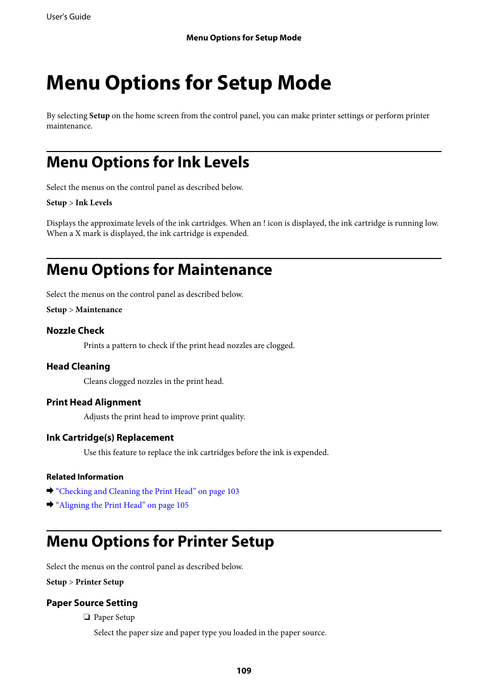 Menu options for setup mode, Menu options for ink levels, Menu options for maintenance | Menu options for printer setup | Epson Expression Premium XP-635 Refurbished User Manual | Page 109 / 160