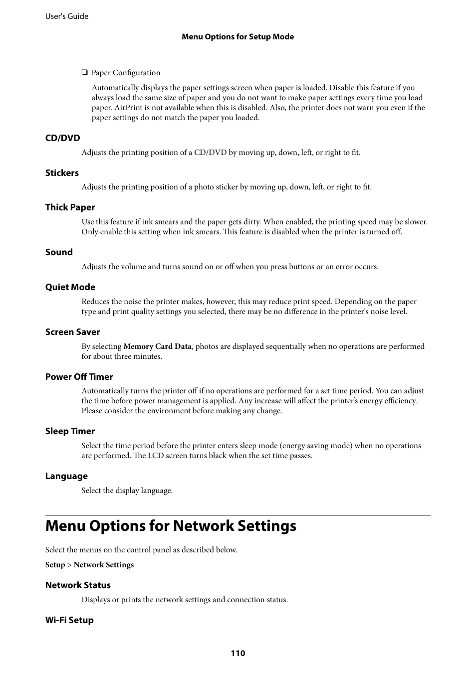 Menu options for network settings | Epson Expression Premium XP-635 Refurbished User Manual | Page 110 / 160