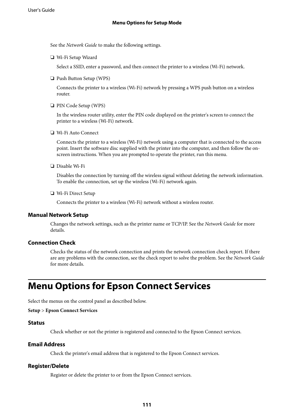 Menu options for epson connect services | Epson Expression Premium XP-635 Refurbished User Manual | Page 111 / 160