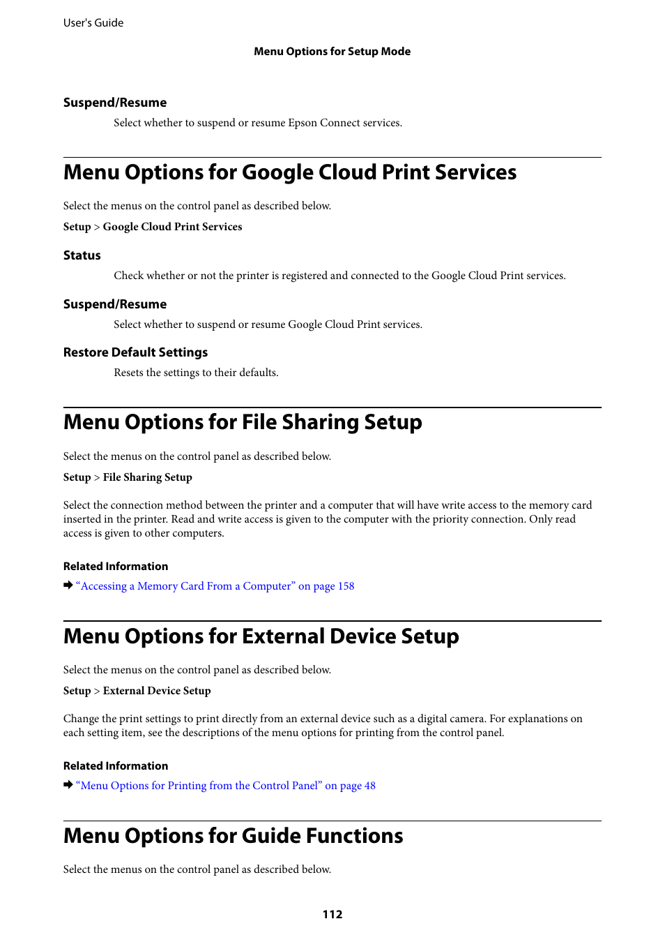 Menu options for google cloud print services, Menu options for file sharing setup, Menu options for external device setup | Menu options for guide functions | Epson Expression Premium XP-635 Refurbished User Manual | Page 112 / 160