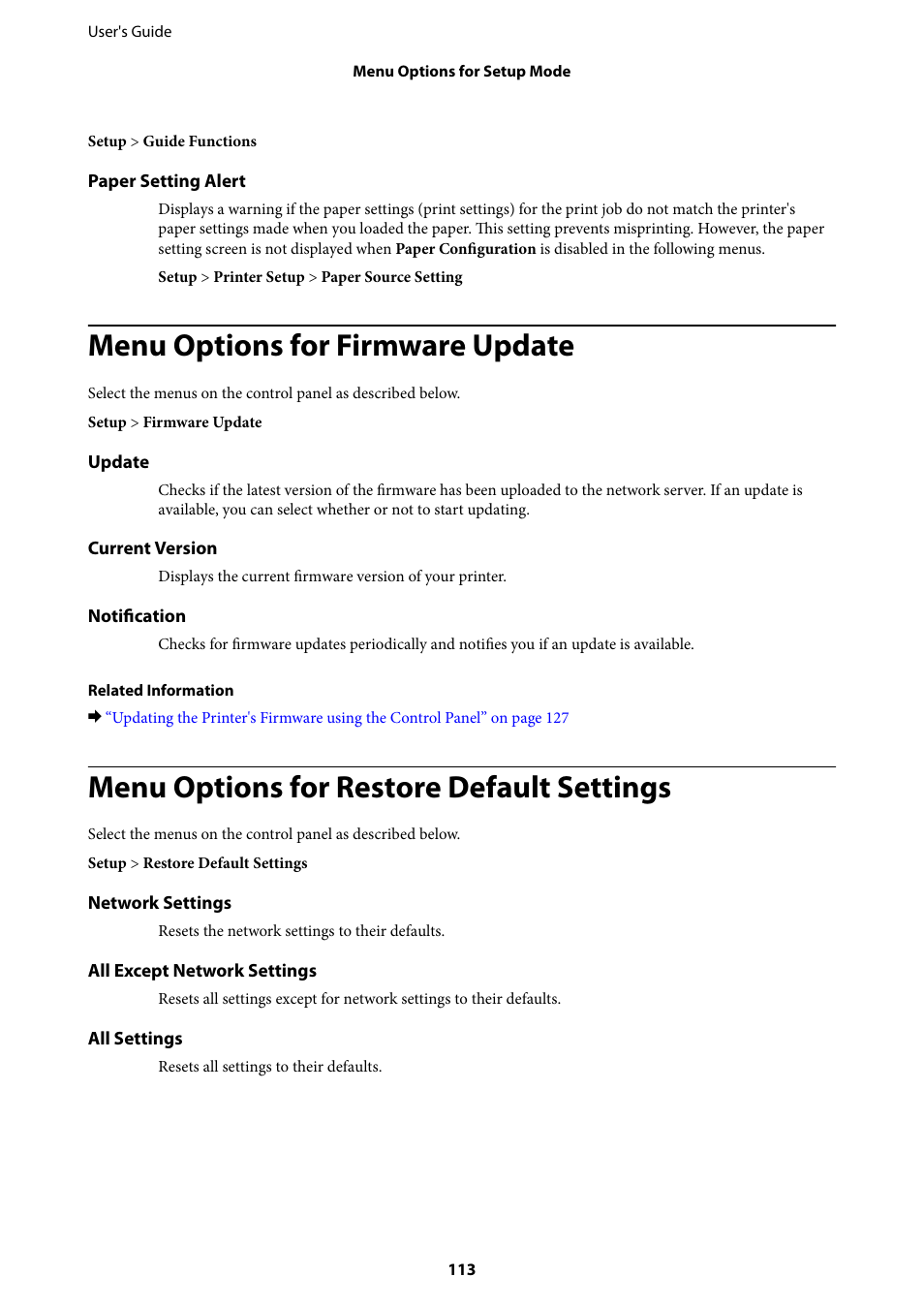 Menu options for firmware update, Menu options for restore default settings | Epson Expression Premium XP-635 Refurbished User Manual | Page 113 / 160