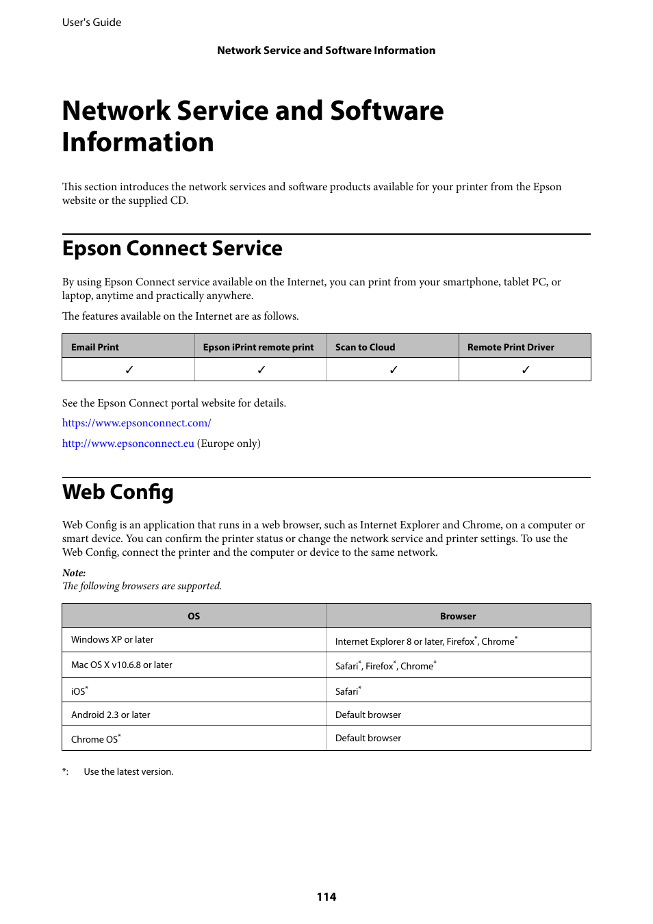 Network service and software information, Epson connect service, Web config | Epson Expression Premium XP-635 Refurbished User Manual | Page 114 / 160