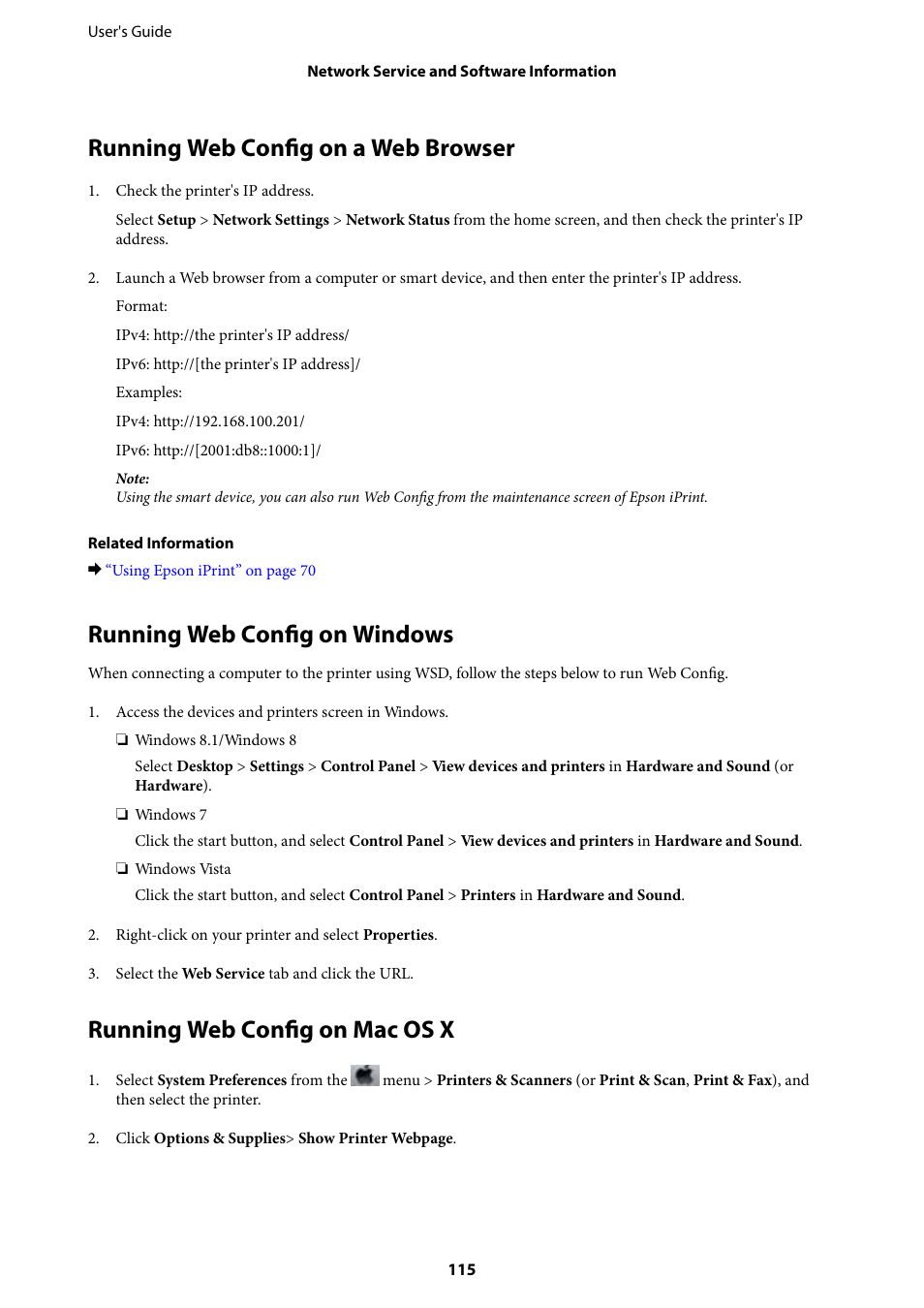 Running web config on a web browser, Running web config on windows, Running web config on mac os x | Epson Expression Premium XP-635 Refurbished User Manual | Page 115 / 160