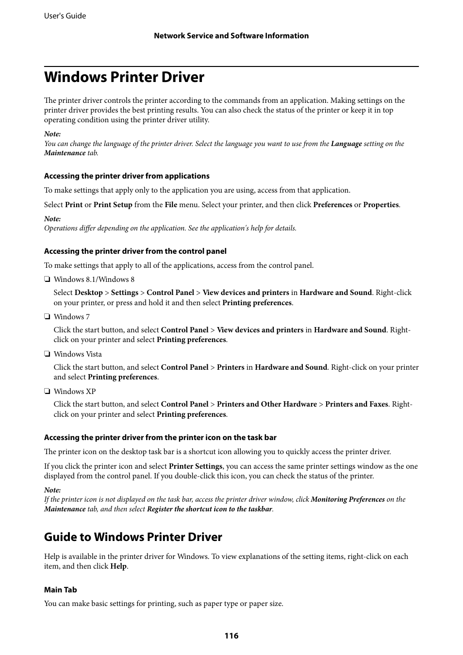 Windows printer driver, Guide to windows printer driver | Epson Expression Premium XP-635 Refurbished User Manual | Page 116 / 160