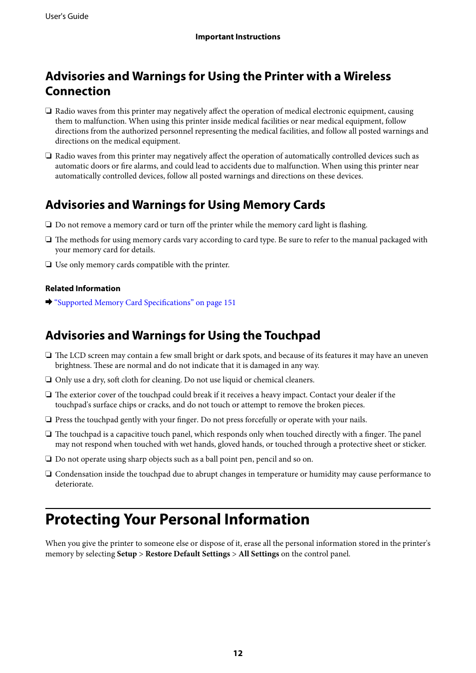 Advisories and warnings for using memory cards, Advisories and warnings for using the touchpad, Protecting your personal information | Epson Expression Premium XP-635 Refurbished User Manual | Page 12 / 160