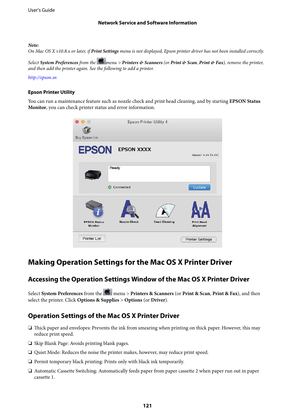 Operation settings of the mac os x printer driver | Epson Expression Premium XP-635 Refurbished User Manual | Page 121 / 160