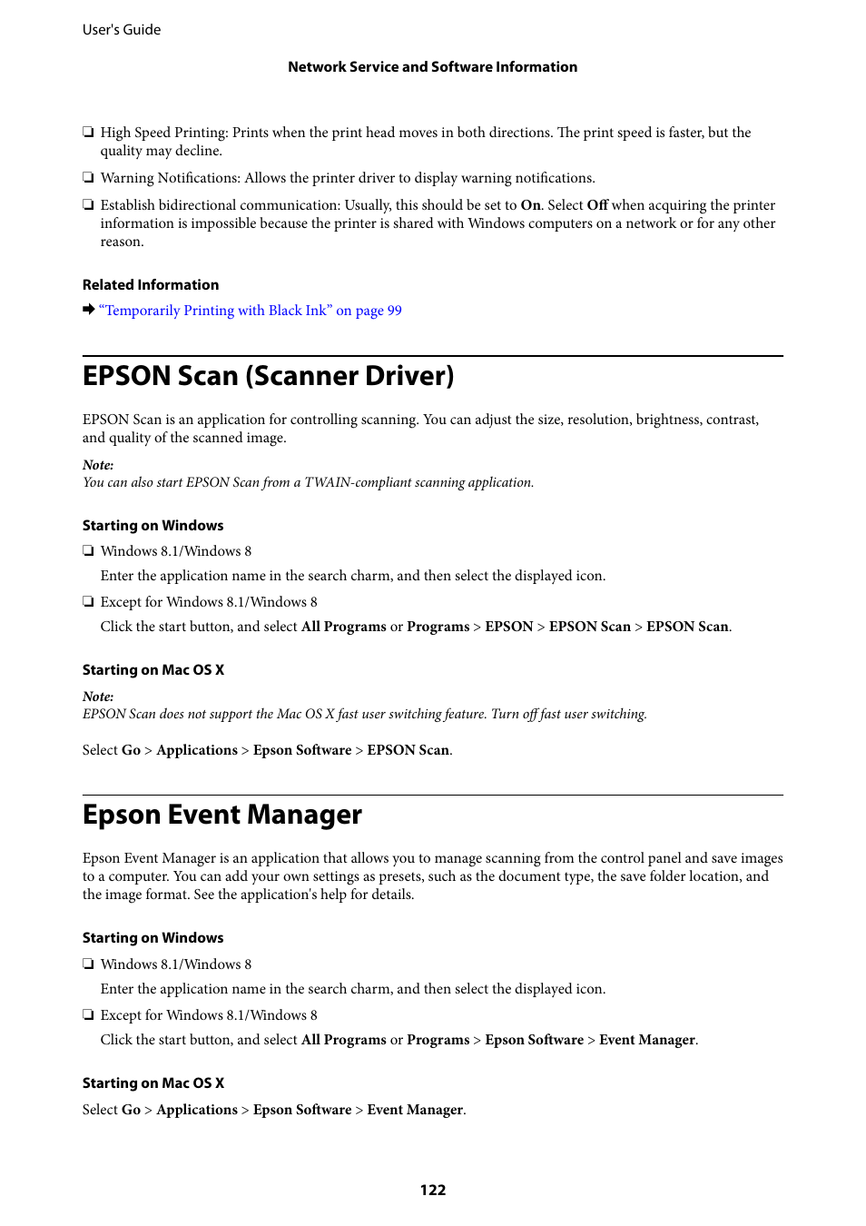 Epson scan (scanner driver), Epson event manager | Epson Expression Premium XP-635 Refurbished User Manual | Page 122 / 160