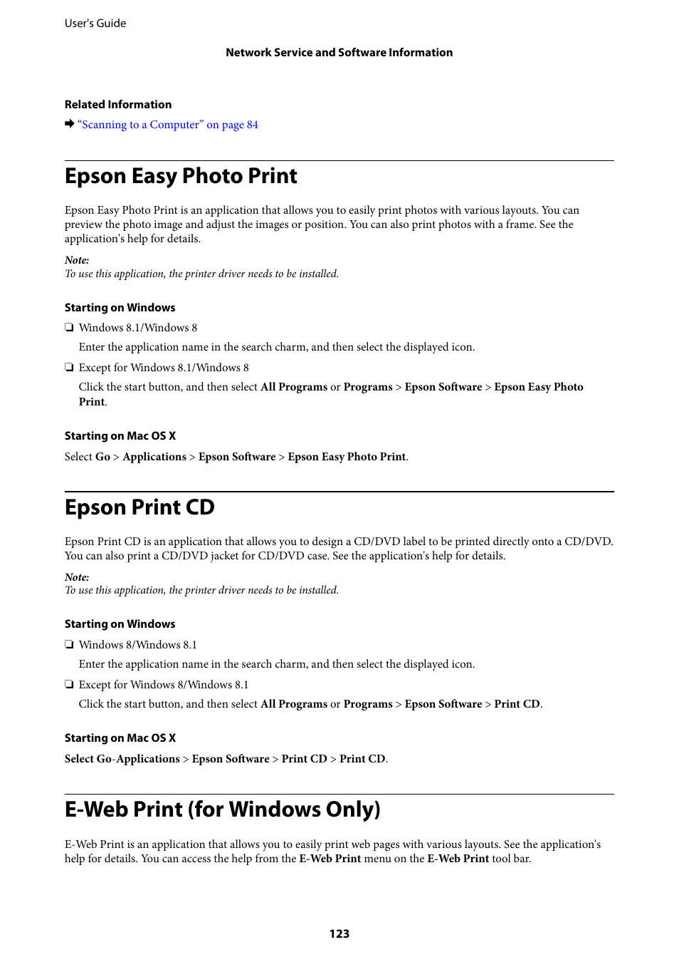 Epson easy photo print, Epson print cd, E-web print (for windows only) | Epson Expression Premium XP-635 Refurbished User Manual | Page 123 / 160