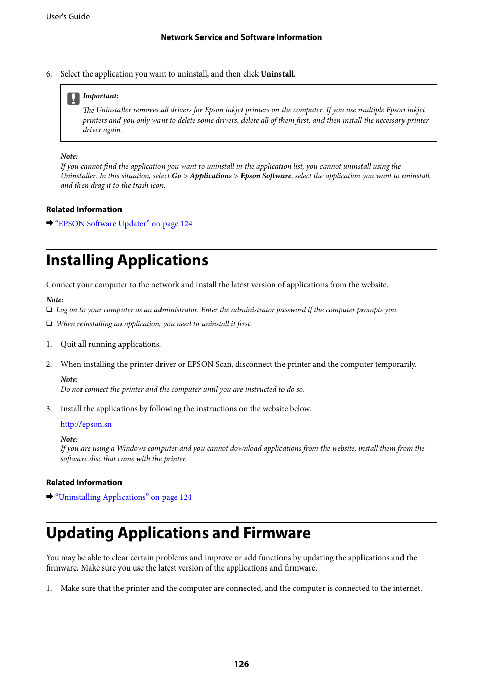 Installing applications, Updating applications and firmware | Epson Expression Premium XP-635 Refurbished User Manual | Page 126 / 160