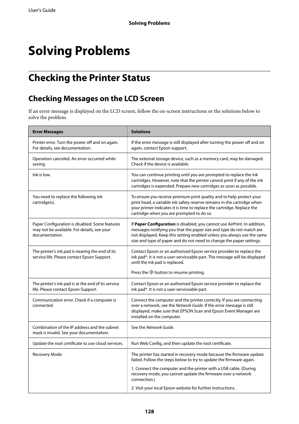 Solving problems, Checking the printer status, Checking messages on the lcd screen | Epson Expression Premium XP-635 Refurbished User Manual | Page 128 / 160