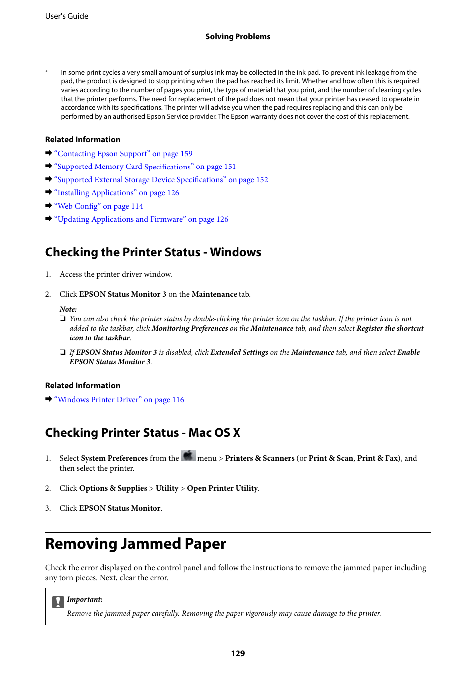 Checking the printer status - windows, Checking printer status - mac os x, Removing jammed paper | Epson Expression Premium XP-635 Refurbished User Manual | Page 129 / 160