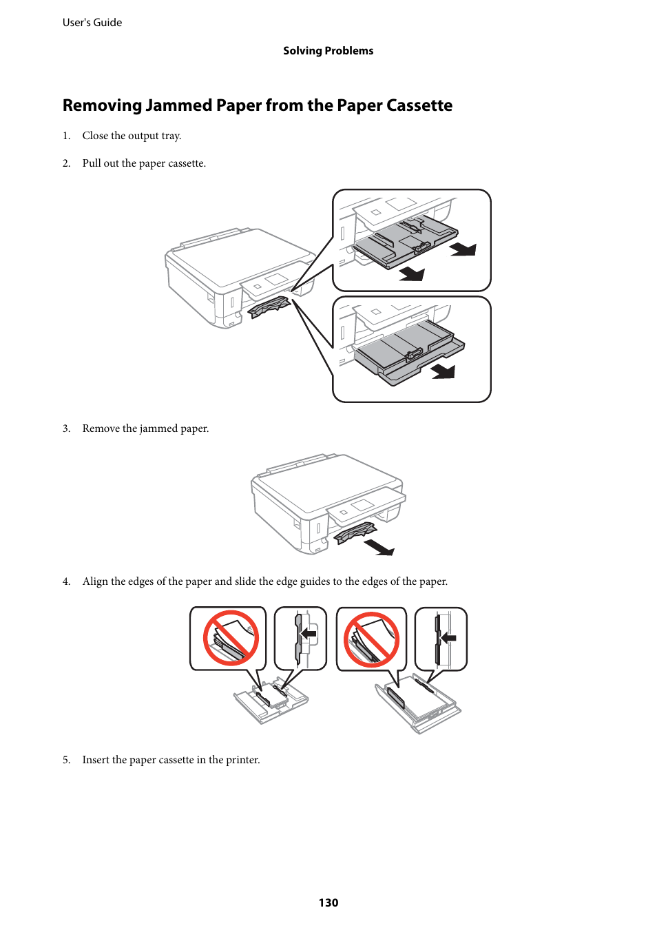 Removing jammed paper from the paper cassette | Epson Expression Premium XP-635 Refurbished User Manual | Page 130 / 160