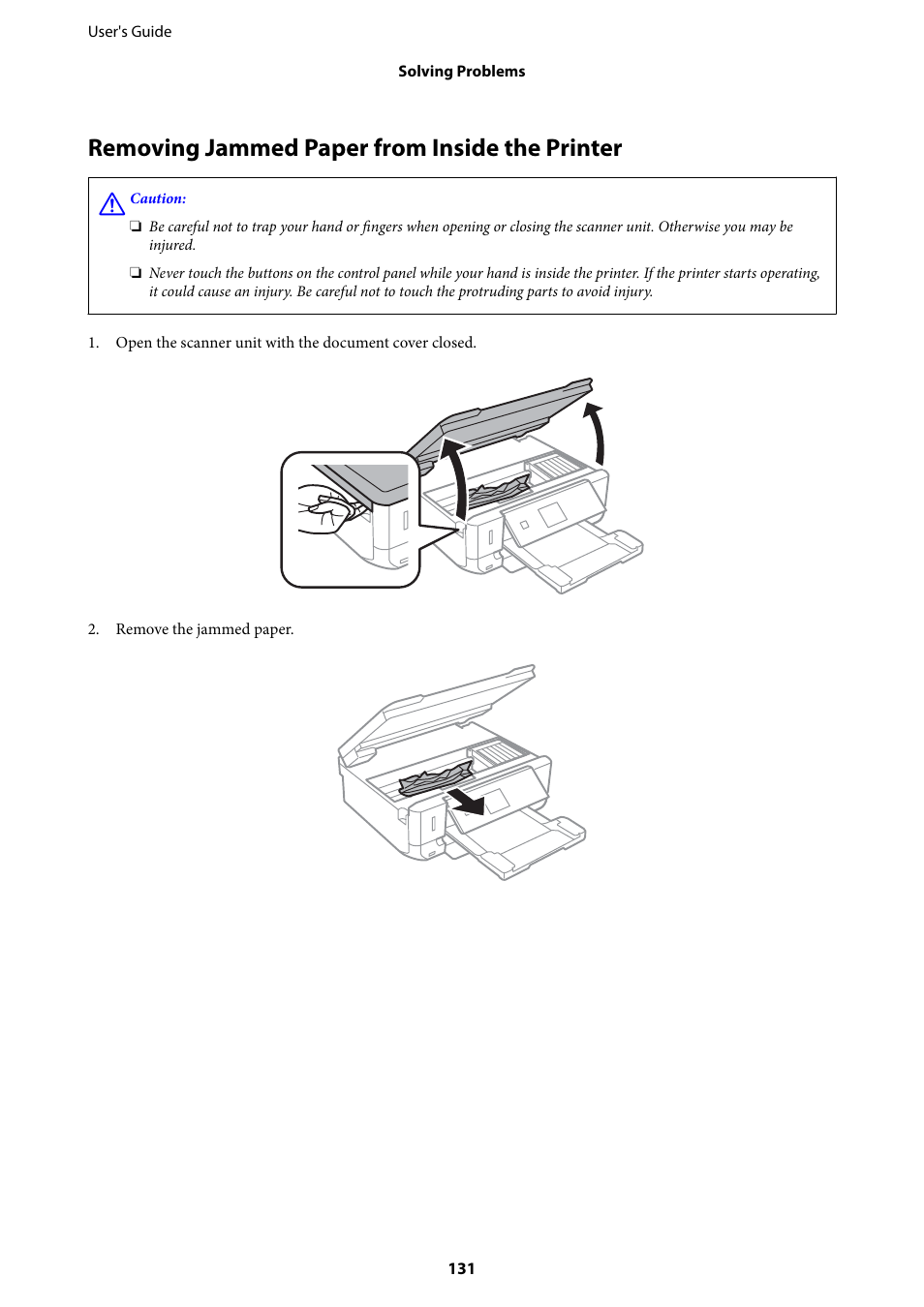 Removing jammed paper from inside the printer | Epson Expression Premium XP-635 Refurbished User Manual | Page 131 / 160