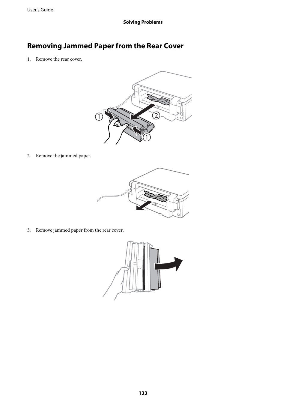 Removing jammed paper from the rear cover, Removing jammed paper from the rear cover. 133 | Epson Expression Premium XP-635 Refurbished User Manual | Page 133 / 160