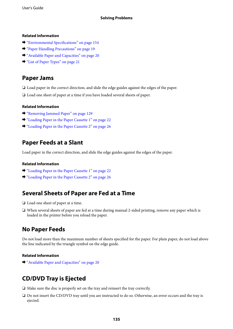 Paper jams, Paper feeds at a slant, Several sheets of paper are fed at a time | No paper feeds, Cd/dvd tray is ejected | Epson Expression Premium XP-635 Refurbished User Manual | Page 135 / 160
