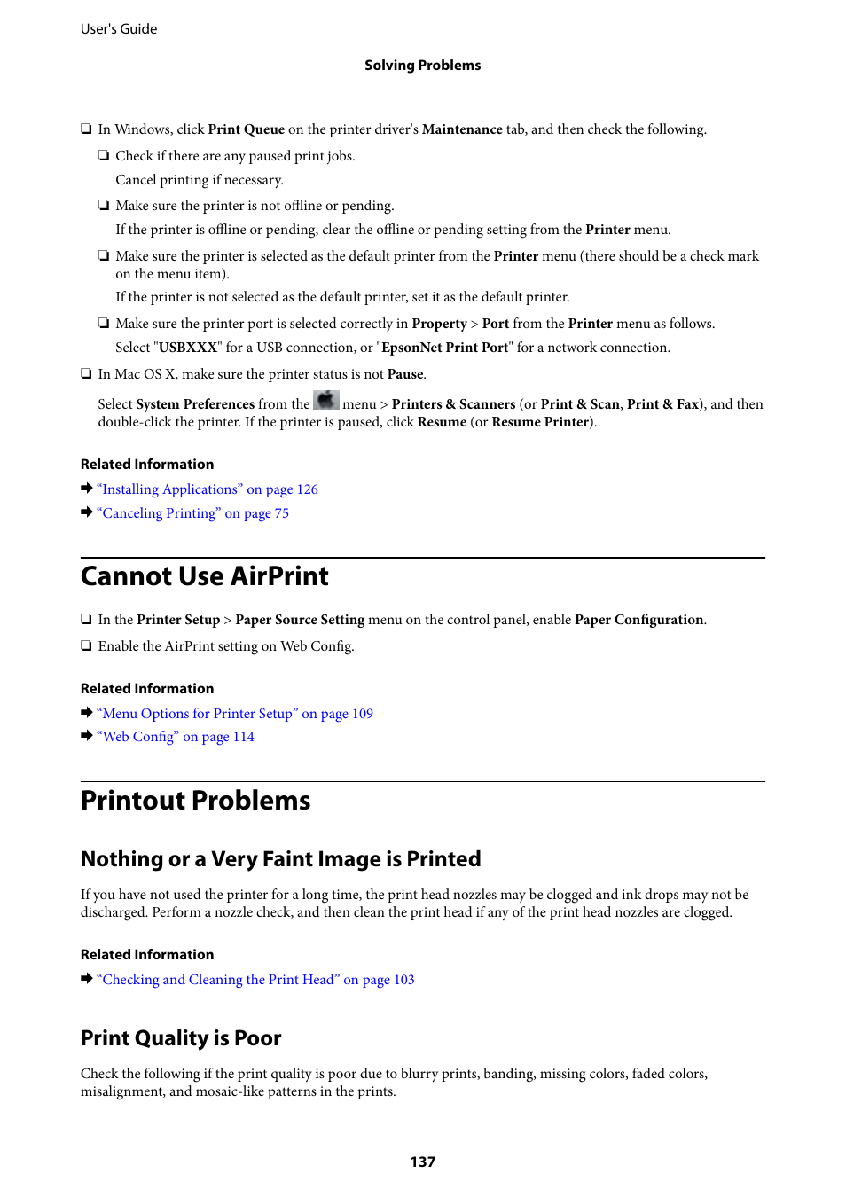 Cannot use airprint, Printout problems, Nothing or a very faint image is printed | Print quality is poor | Epson Expression Premium XP-635 Refurbished User Manual | Page 137 / 160