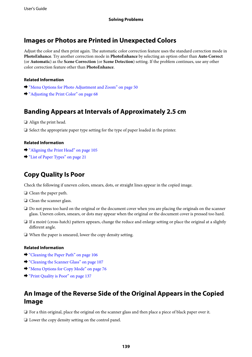 Images or photos are printed in unexpected colors, Copy quality is poor | Epson Expression Premium XP-635 Refurbished User Manual | Page 139 / 160