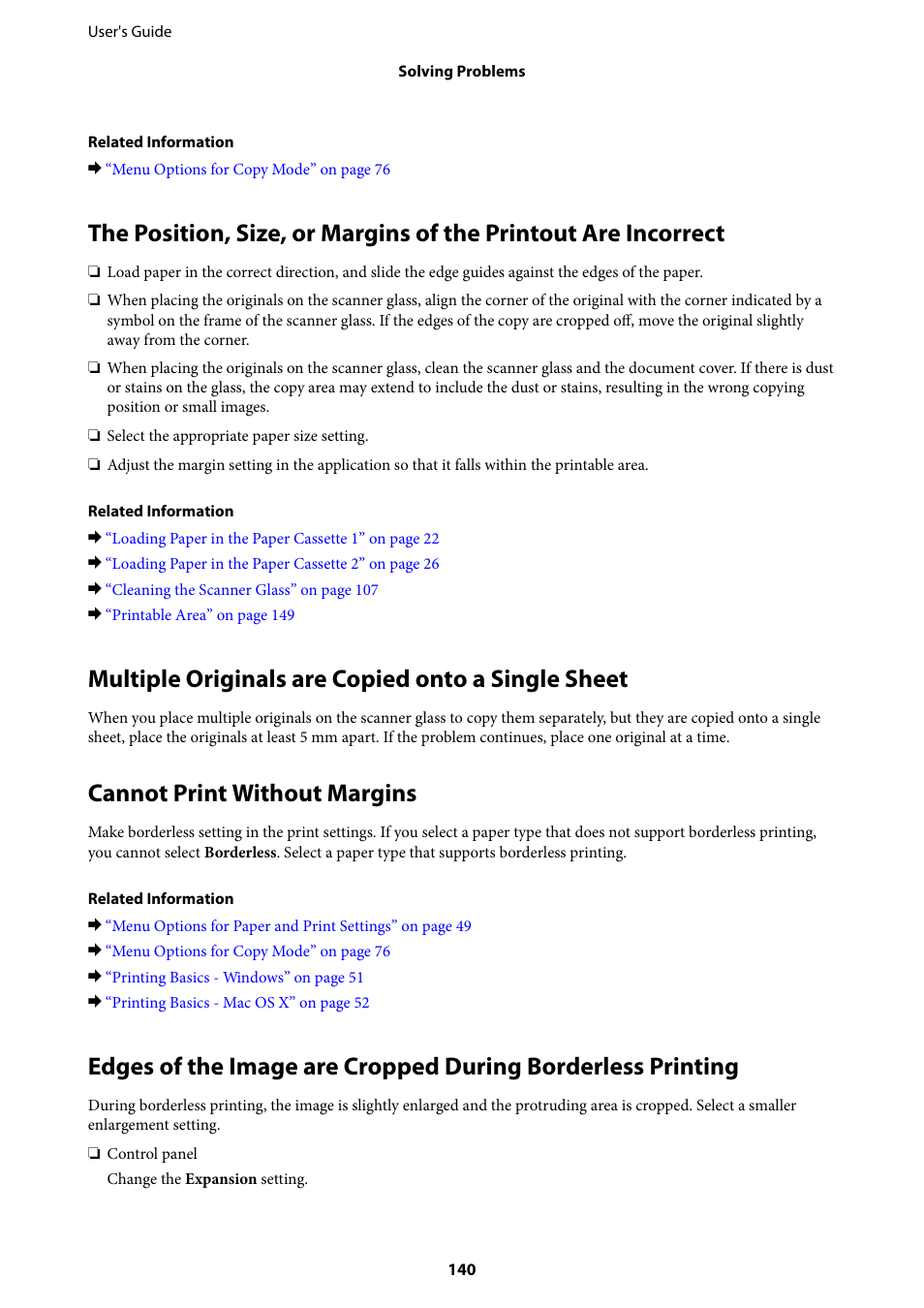 Multiple originals are copied onto a single sheet, Cannot print without margins | Epson Expression Premium XP-635 Refurbished User Manual | Page 140 / 160