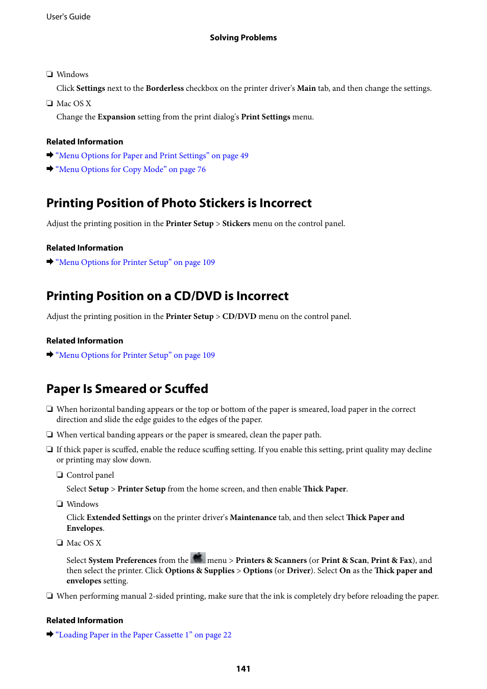 Printing position of photo stickers is incorrect, Printing position on a cd/dvd is incorrect, Paper is smeared or scuffed | Epson Expression Premium XP-635 Refurbished User Manual | Page 141 / 160