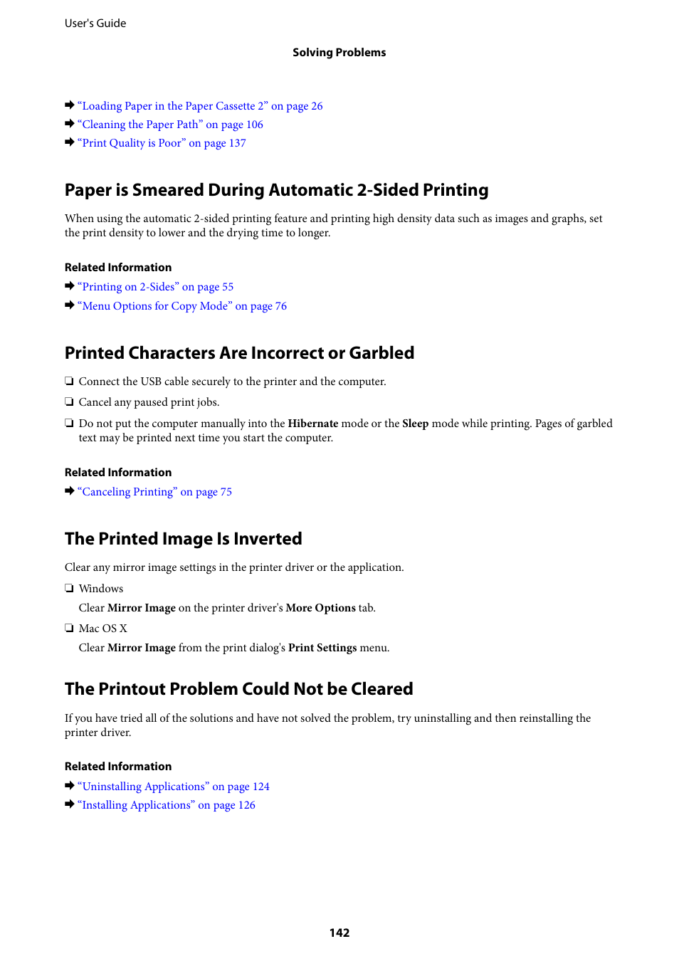 Paper is smeared during automatic 2-sided printing, Printed characters are incorrect or garbled, The printed image is inverted | The printout problem could not be cleared | Epson Expression Premium XP-635 Refurbished User Manual | Page 142 / 160