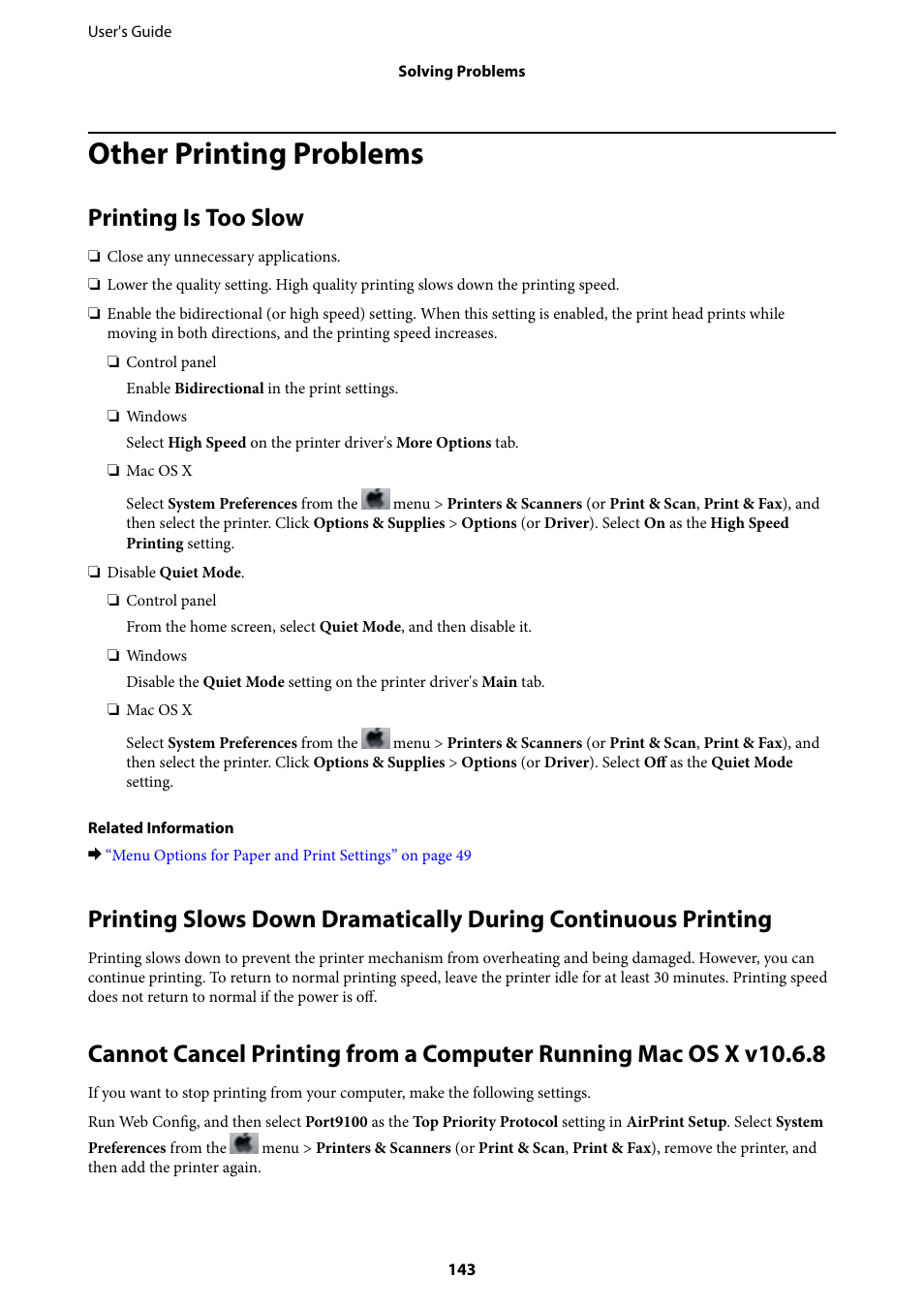 Other printing problems, Printing is too slow | Epson Expression Premium XP-635 Refurbished User Manual | Page 143 / 160