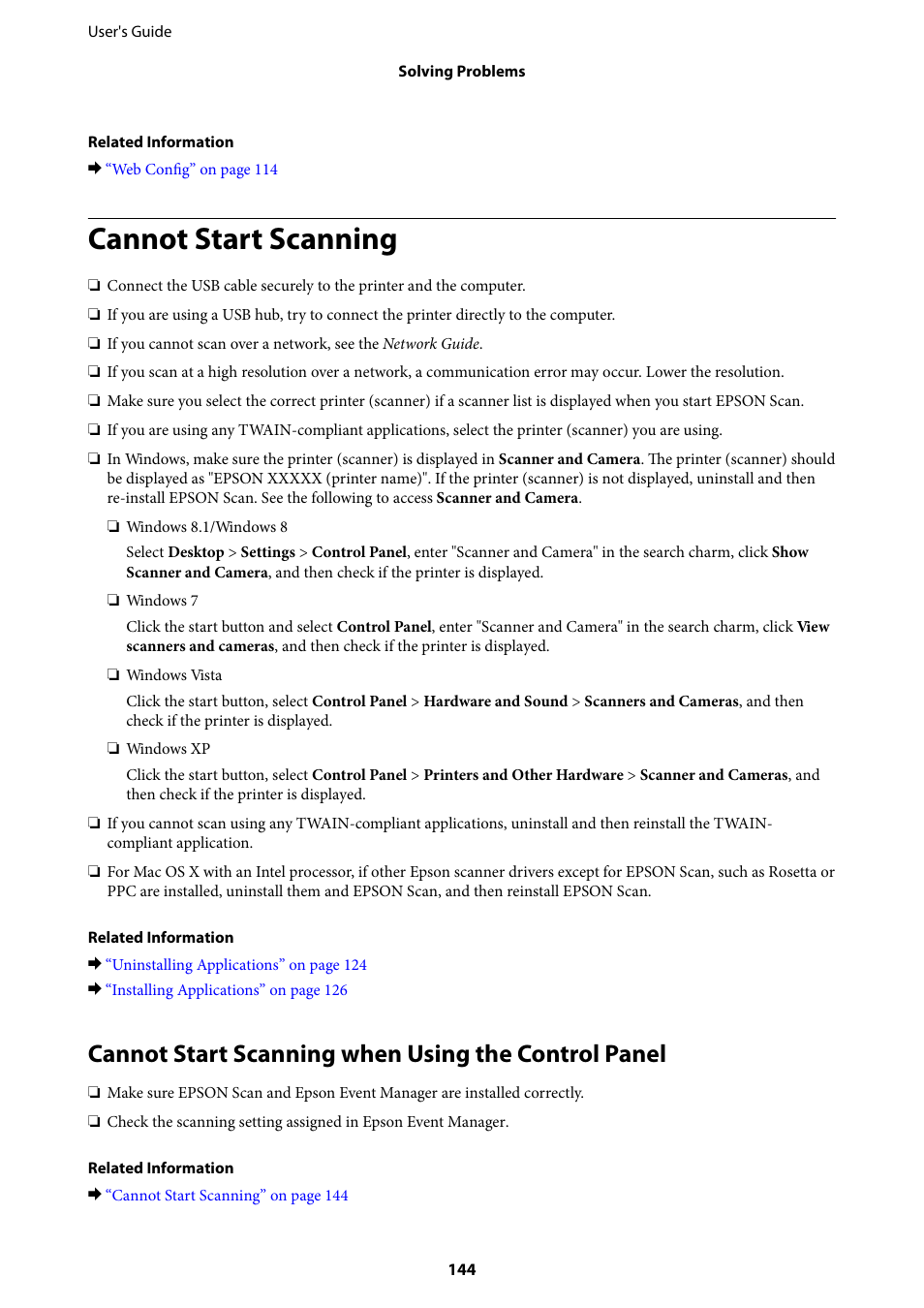 Cannot start scanning, Cannot start scanning when using the control panel | Epson Expression Premium XP-635 Refurbished User Manual | Page 144 / 160