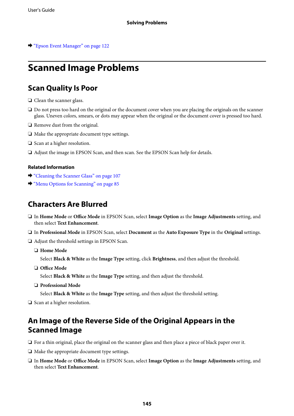 Scanned image problems, Scan quality is poor, Characters are blurred | Epson Expression Premium XP-635 Refurbished User Manual | Page 145 / 160