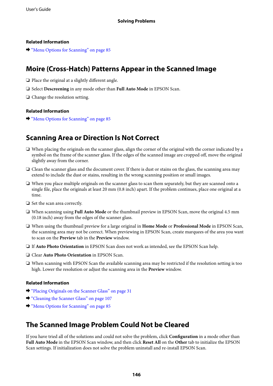 Scanning area or direction is not correct, The scanned image problem could not be cleared | Epson Expression Premium XP-635 Refurbished User Manual | Page 146 / 160