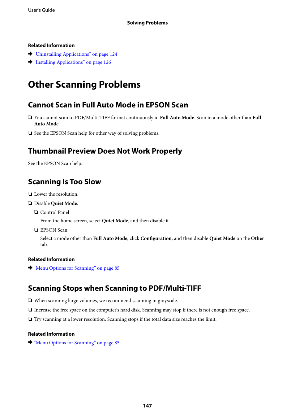 Other scanning problems, Cannot scan in full auto mode in epson scan, Thumbnail preview does not work properly | Scanning is too slow, Scanning stops when scanning to pdf/multi-tiff | Epson Expression Premium XP-635 Refurbished User Manual | Page 147 / 160