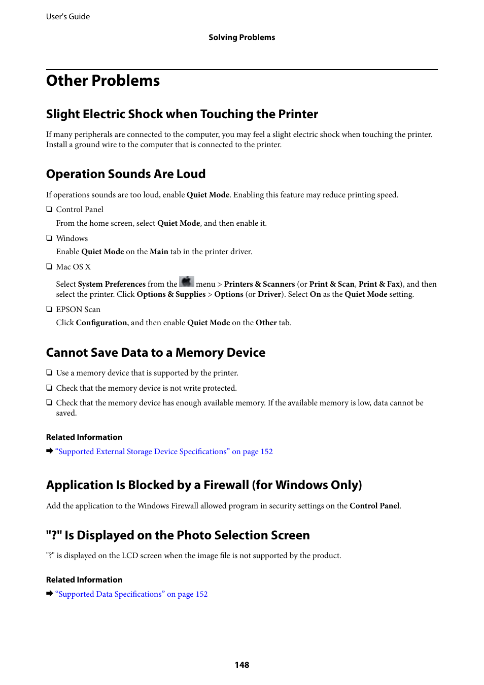 Other problems, Slight electric shock when touching the printer, Operation sounds are loud | Cannot save data to a memory device, Is displayed on the photo selection screen | Epson Expression Premium XP-635 Refurbished User Manual | Page 148 / 160