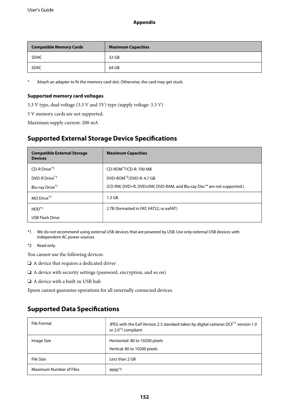 Supported external storage device specifications, Supported data specifications | Epson Expression Premium XP-635 Refurbished User Manual | Page 152 / 160