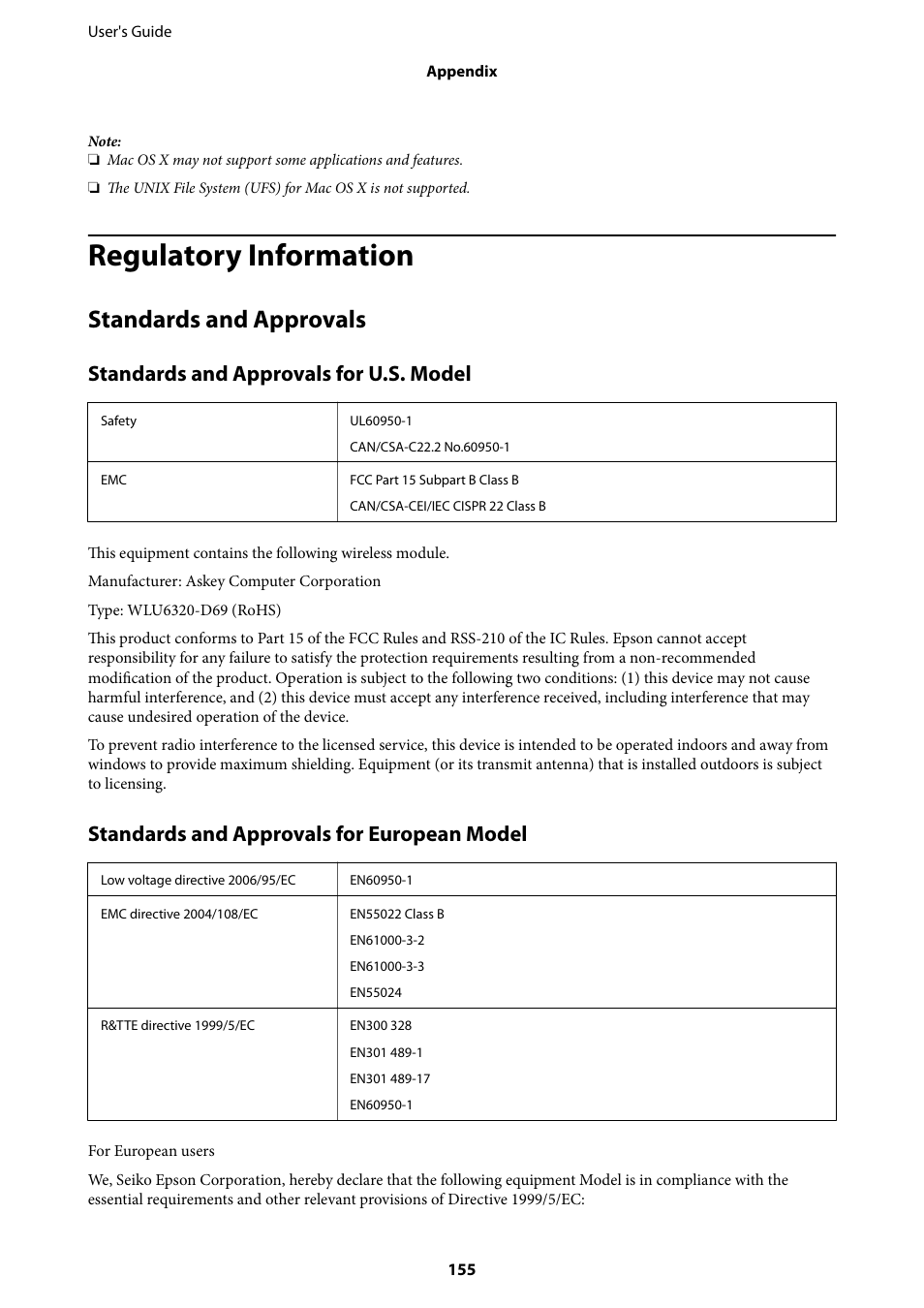 Regulatory information, Standards and approvals, Standards and approvals for u.s. model | Standards and approvals for european model | Epson Expression Premium XP-635 Refurbished User Manual | Page 155 / 160