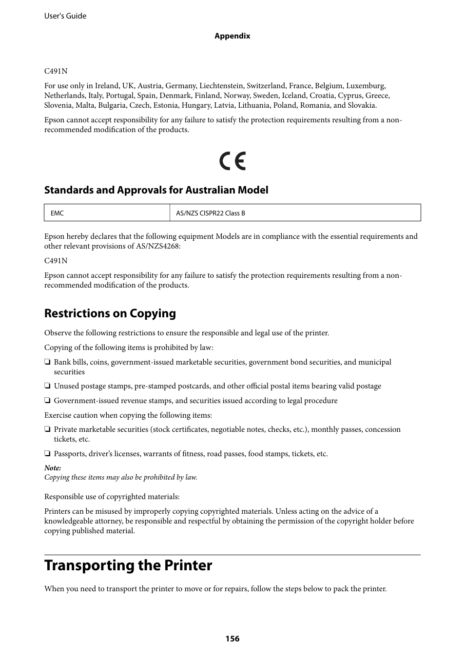 Restrictions on copying, Transporting the printer, Standards and approvals for australian model | Epson Expression Premium XP-635 Refurbished User Manual | Page 156 / 160