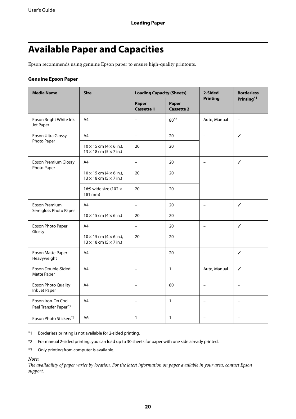 Available paper and capacities | Epson Expression Premium XP-635 Refurbished User Manual | Page 20 / 160