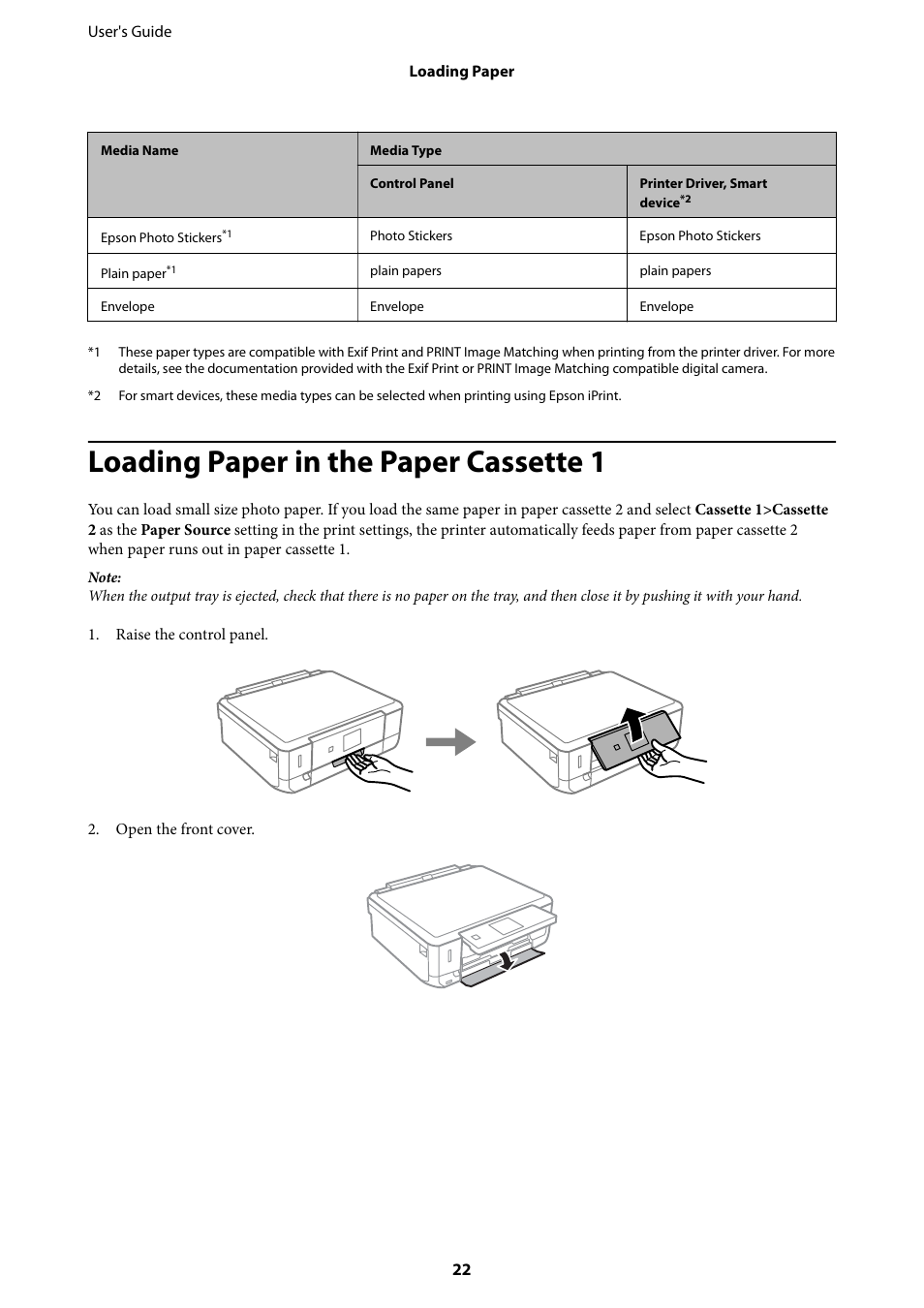 Loading paper in the paper cassette 1 | Epson Expression Premium XP-635 Refurbished User Manual | Page 22 / 160