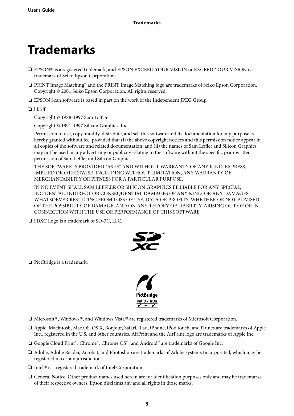 Trademarks | Epson Expression Premium XP-635 Refurbished User Manual | Page 3 / 160