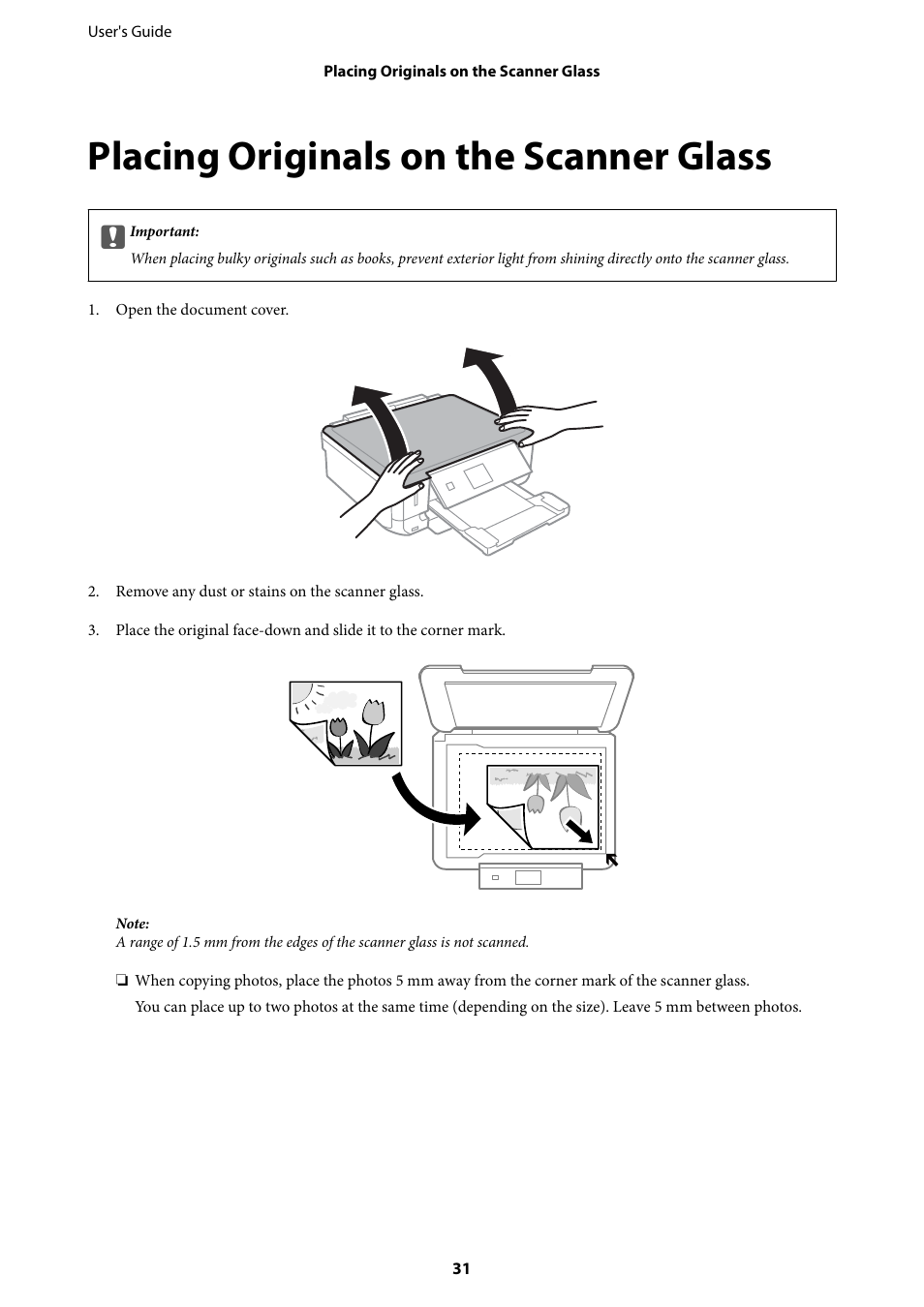 Placing originals on the scanner glass | Epson Expression Premium XP-635 Refurbished User Manual | Page 31 / 160