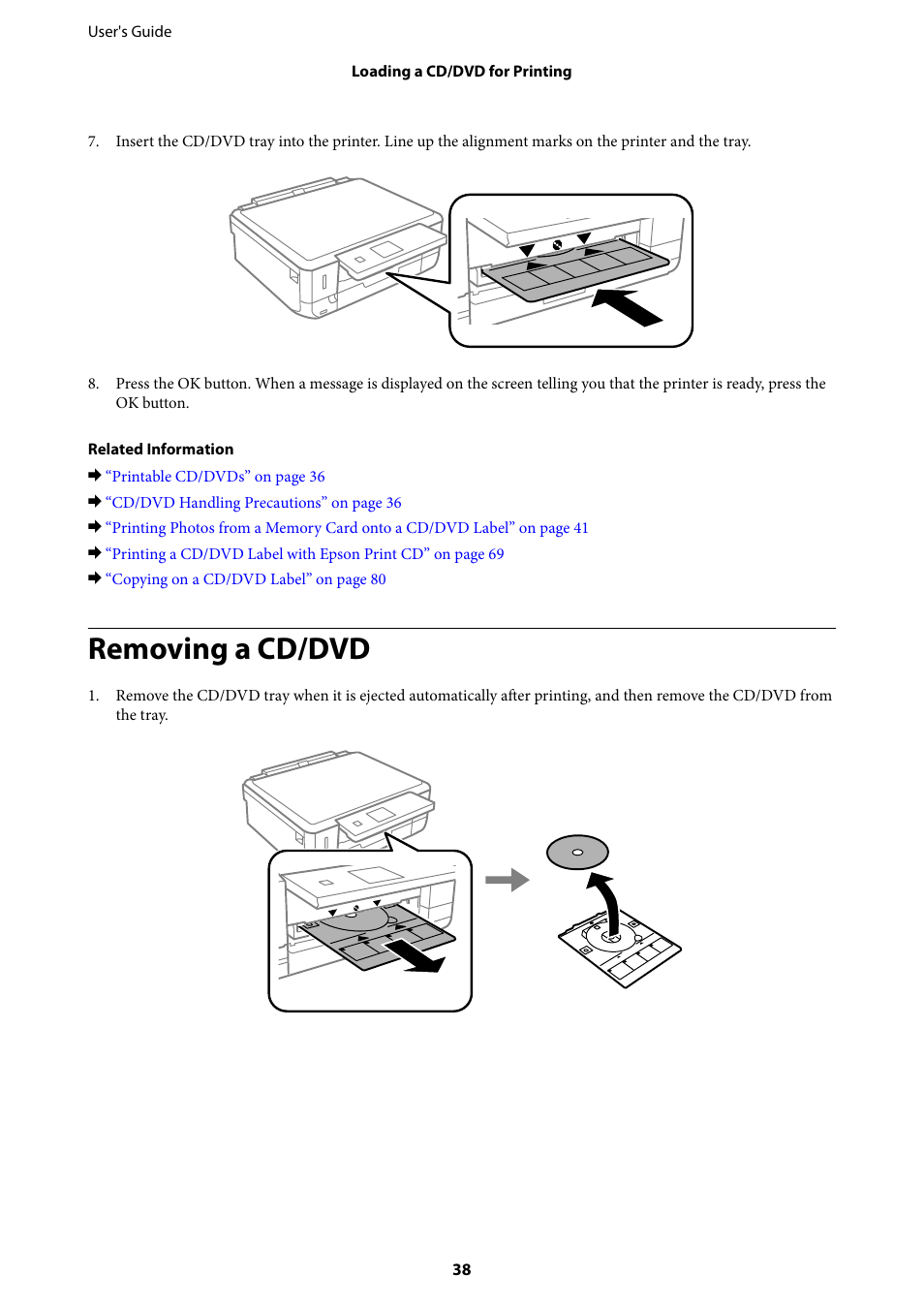 Removing a cd/dvd | Epson Expression Premium XP-635 Refurbished User Manual | Page 38 / 160