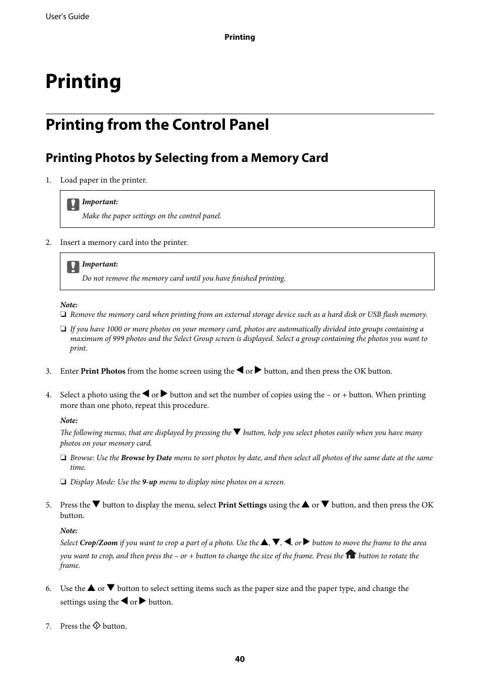 Printing, Printing from the control panel, Printing photos by selecting from a memory card | Epson Expression Premium XP-635 Refurbished User Manual | Page 40 / 160