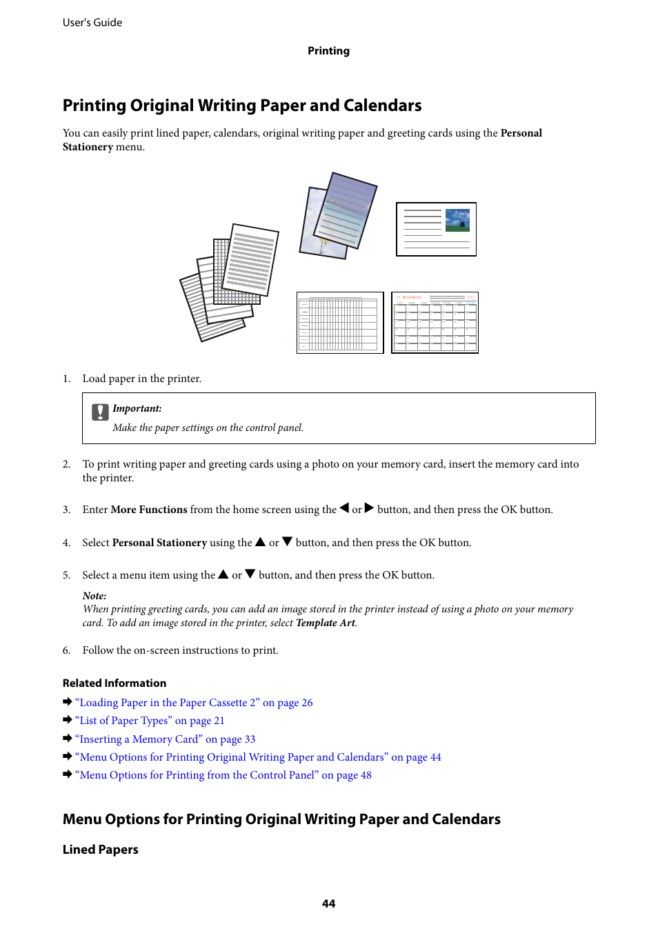 Printing original writing paper and calendars | Epson Expression Premium XP-635 Refurbished User Manual | Page 44 / 160