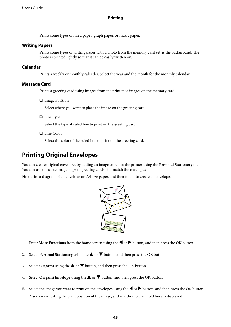 Printing original envelopes | Epson Expression Premium XP-635 Refurbished User Manual | Page 45 / 160