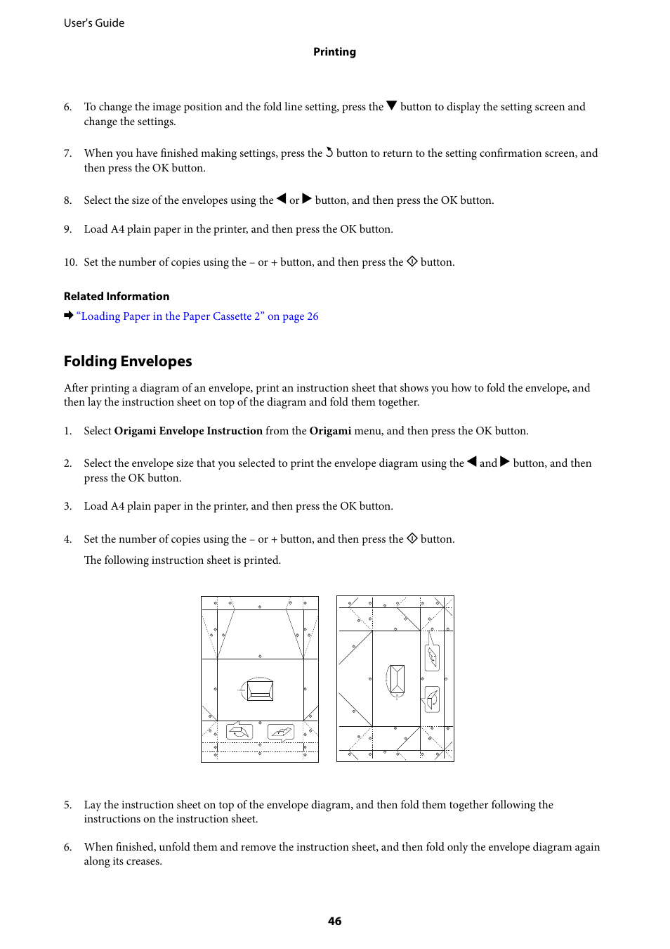 Folding envelopes, Button. the following instruction sheet is printed | Epson Expression Premium XP-635 Refurbished User Manual | Page 46 / 160