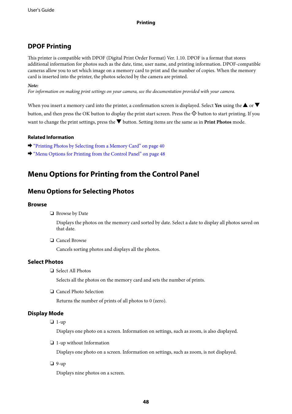 Menu options for printing from the control panel, Dpof printing, Menu options for selecting photos | Epson Expression Premium XP-635 Refurbished User Manual | Page 48 / 160