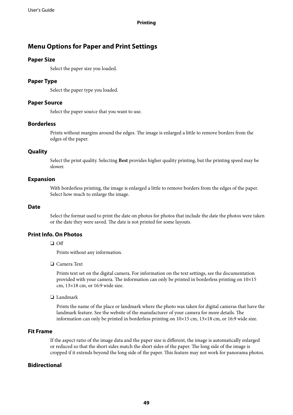 Menu options for paper and print settings | Epson Expression Premium XP-635 Refurbished User Manual | Page 49 / 160